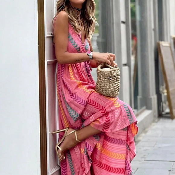 Dresses & Skirts - Hot Pink Boho Women's Western Geometric Tie Ruffle Halter Long Dress
